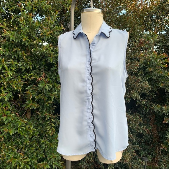 LAUNDRY BY SHELLI SEGAL Sleeveless Scalloped Blouse Women's Medium Blue Top - Picture 5 of 9